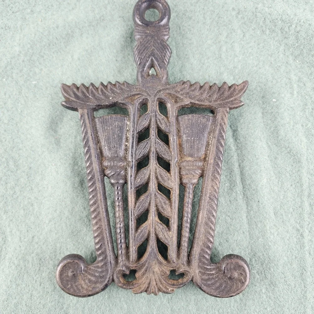 Vintage Cast Iron Black Broom Wheat Broomstick Gothic Themed Trivet #2